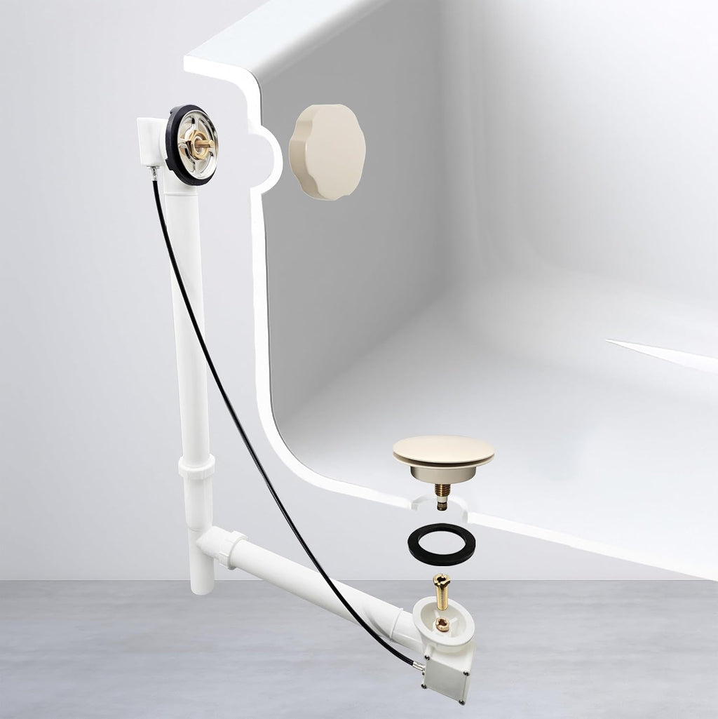 Westbrass A50P27TLE-65 27' Cable Drive Bath Drain Trim Kit with Rotary Overflow Cover Knob, European Stopper and Poly Tubular Pipes, Biscuit