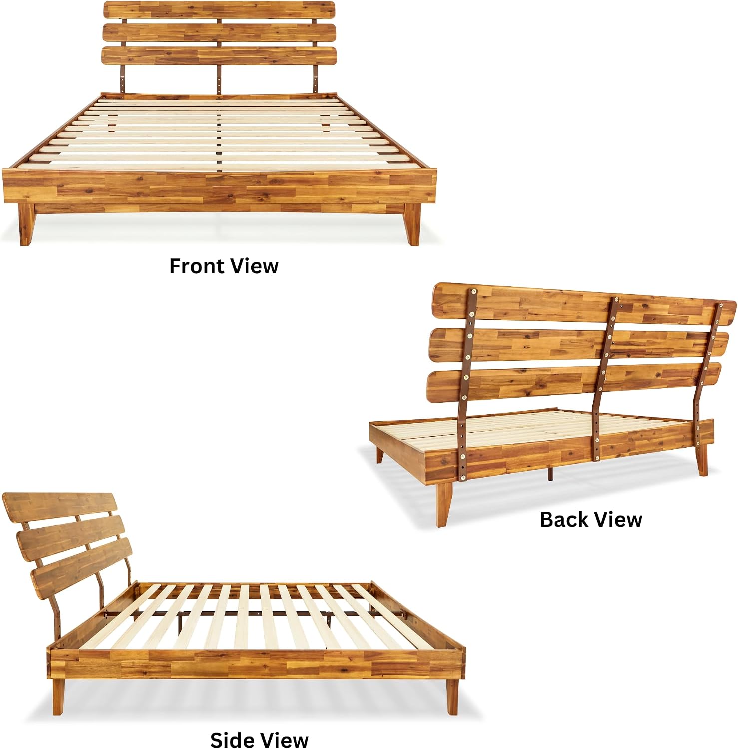 Bme Caden 15 Inch Deluxe Bed Frame with Adjustable Headboard - Mid Century, Retro Style with Acacia Wood - No Box Spring Needed - 12 Strong Wood Slat Support - Easy Assembly - Caramel, King