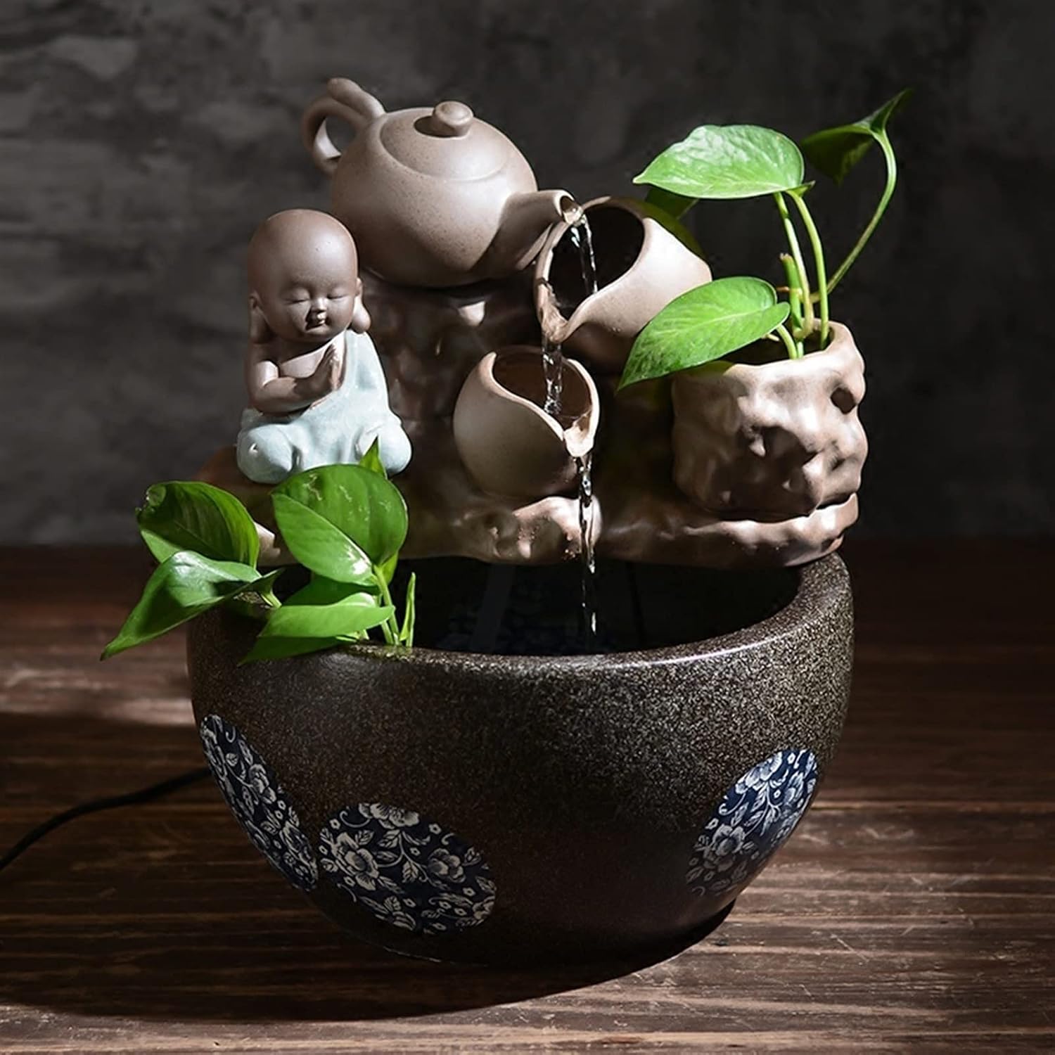 HIHELO Tabletop Fountain Ceramic Water Fountain Decoration Living Room Home Waterscape Lucky Fengshui Wheel Bonsai with Atomizer Desktop Decoration Indoor Fountain