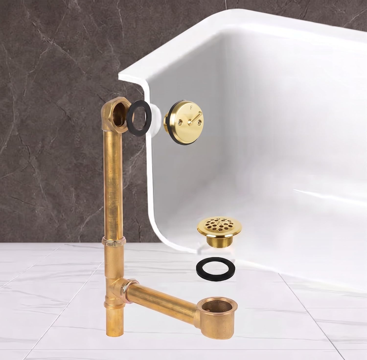 Fine Fixtures Bathtub Shower Drain - 20 Gauge Brass Tubing, Trip Lever Overflow Assembly Tub Drain Kit - Satin Brass