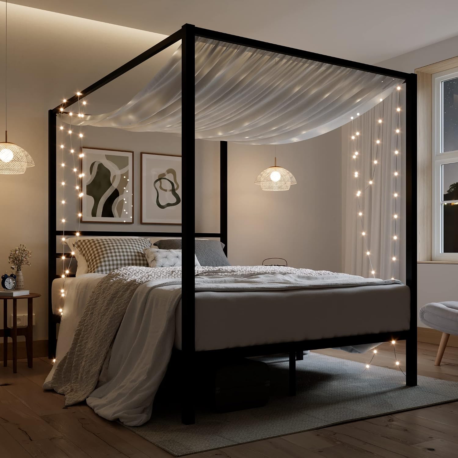 ikalido Queen Size Metal Canopy Bed Frame, Modern Four-Poster Platform Bed Frame, Mattress Foundation, Under-Bed Storage Space, No Box Spring Needed, Black