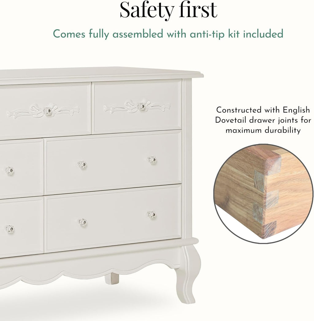 Evolur Aurora 7-Drawer Nursery Dresser – Ivory Lace | Assembled Double Dresser with Crystal Knobs, Queen Anne Legs, Large Storage for Baby Essentials