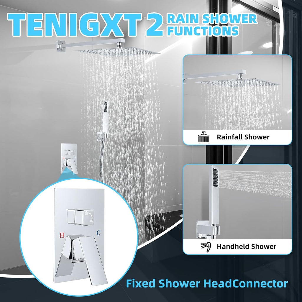 Bathroom Shower Faucet Set，12 Inch Rain Shower Head with Handheld Spray，Brass Shower Valve Trim Kit，Wall Mounted Square Rain Shower System (Chrome)