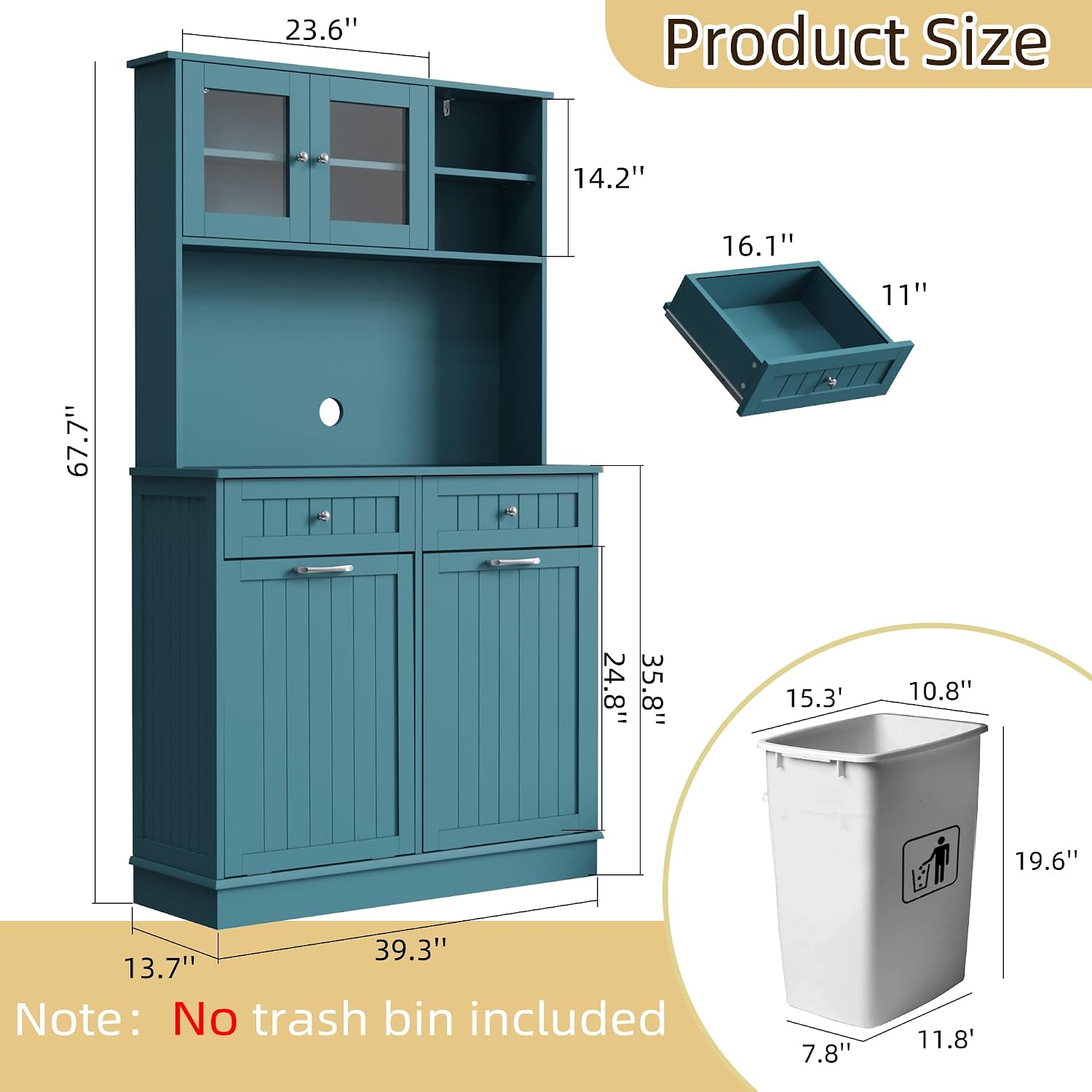 Double Tilt Out Trash Cabinet Storage Cabinet 20 Gallon with Two Solid Wood Hideaway Trash Holder Drawers, Dual Wooden Free Standing Recycling Cabinets Can Bin Kitchen (Teal Blue)