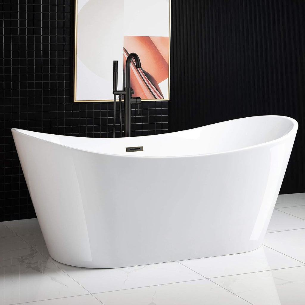 WOODBRIDGE 71' Acrylic Freestanding Bathtub Contemporary Soaking White Tub with Oil Rubbed Bronze Overflow and Drain,B0017-ORB