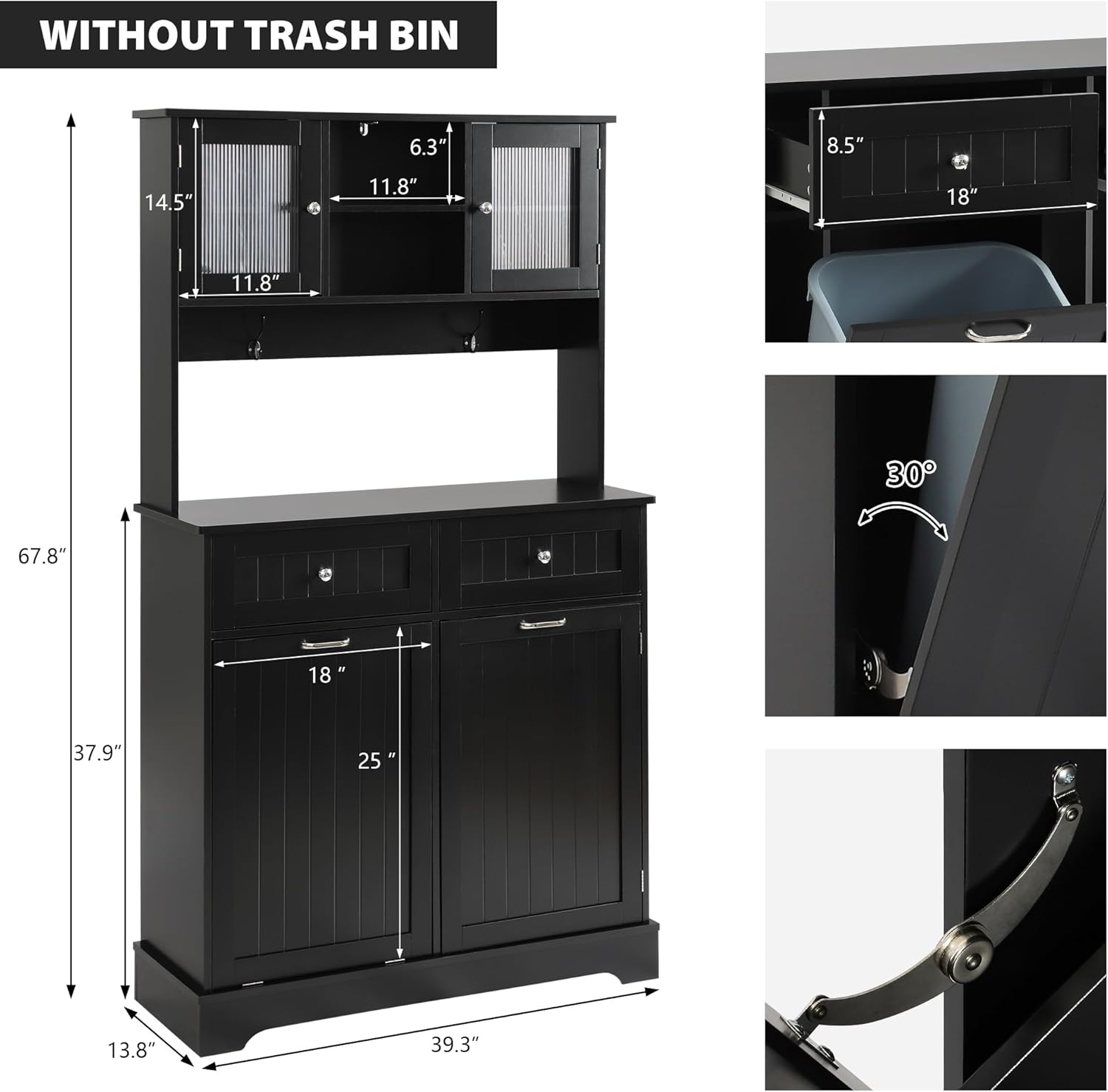 Tilt Out Trash Cabinet,Storage Cabinet,Two Solid Wood Hideaway Trash Holder Drawers,Wooden Freestanding Recycling Cabinets,Trash Can for Kitchen,Black