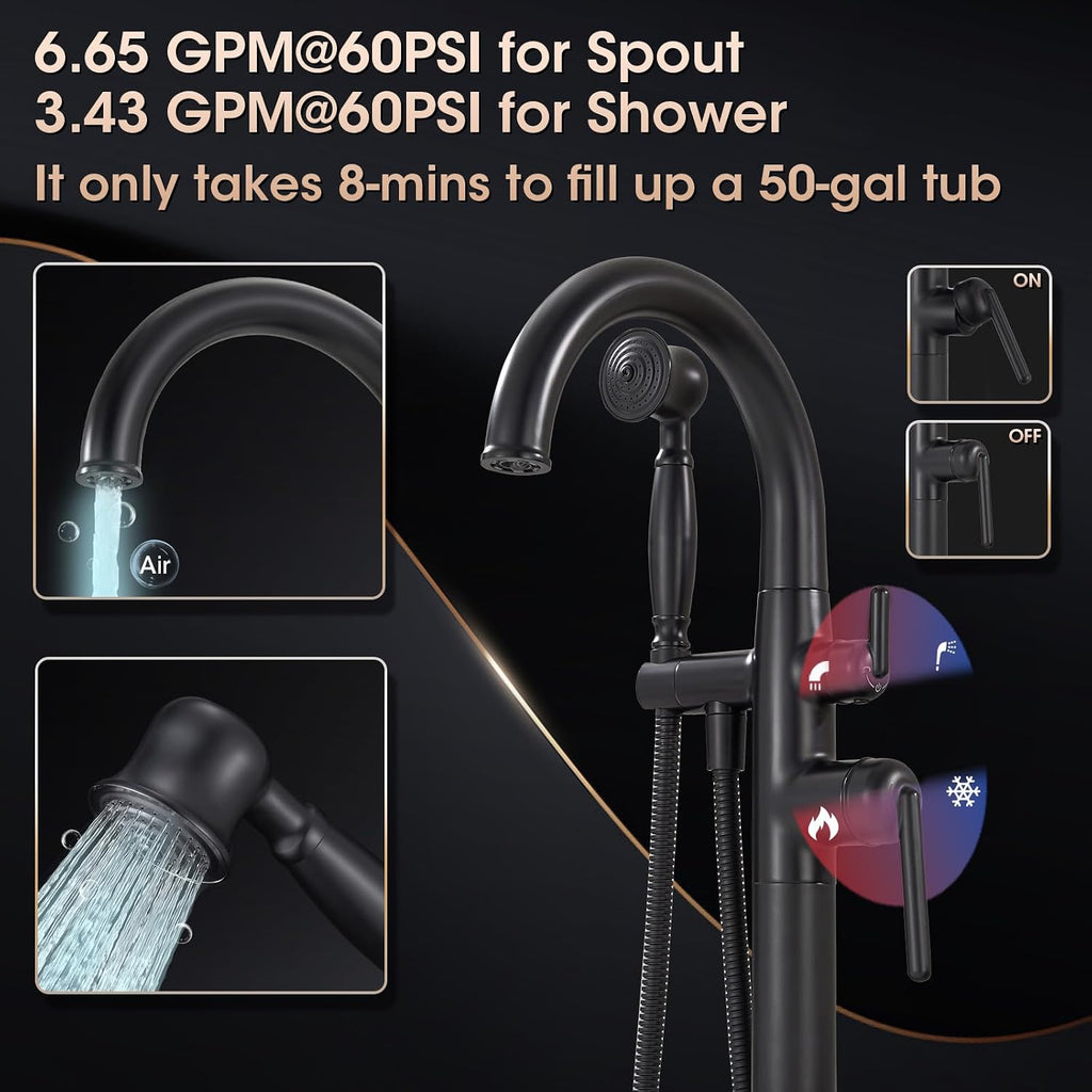 Freestanding Bathtub Faucet Matte Black Floor Mount Tub Faucets High Flow Max 6.6GPM/60PSI Vintage Hand Shower&Swivel Spout
