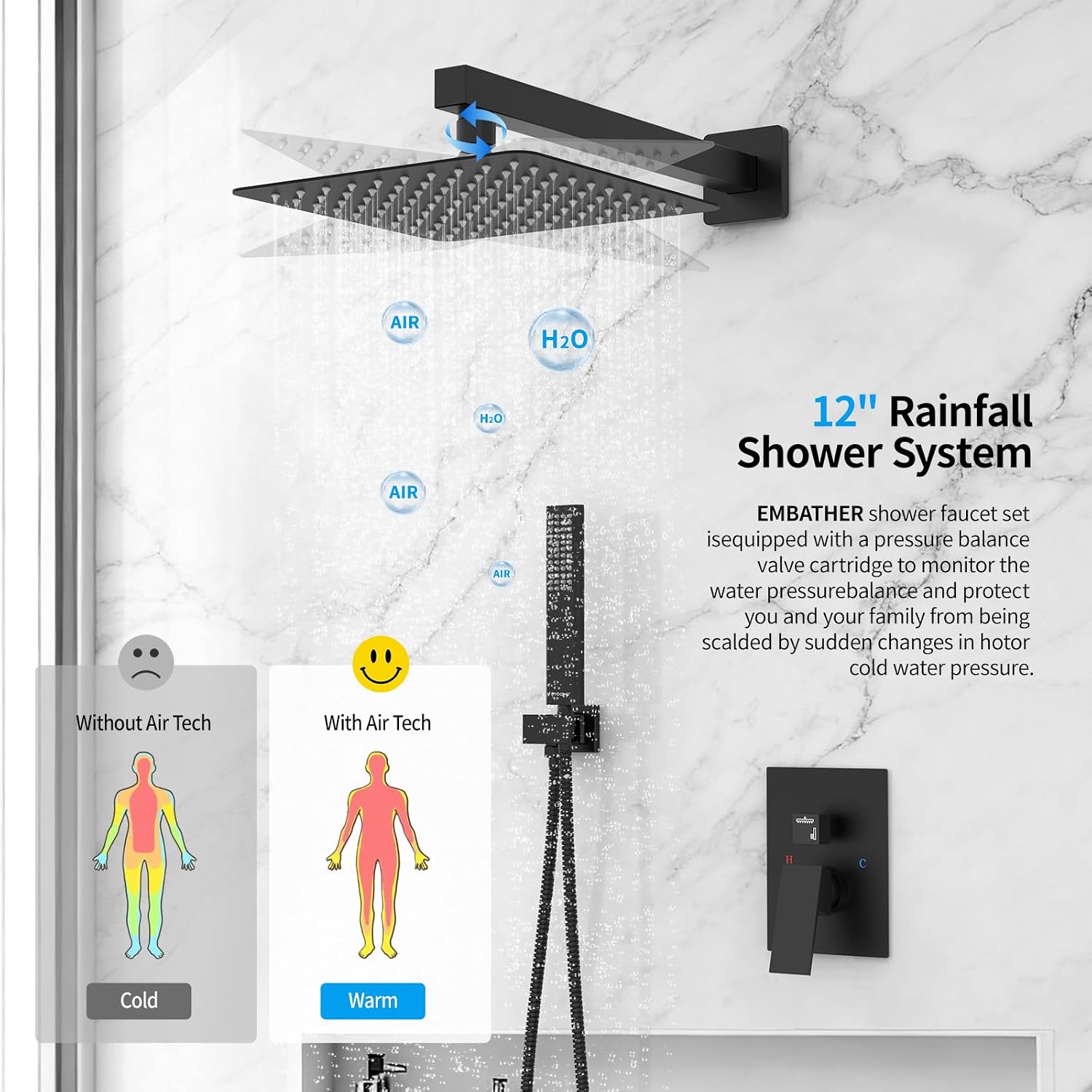EMBATHER Black Shower System 12 Inches Shower Faucet Set with Square Rain Shower Head and Handheld For Bathroom, Matte Black Shower Combo Set Wall Mounted (Rough-in Valve & Trim Included)