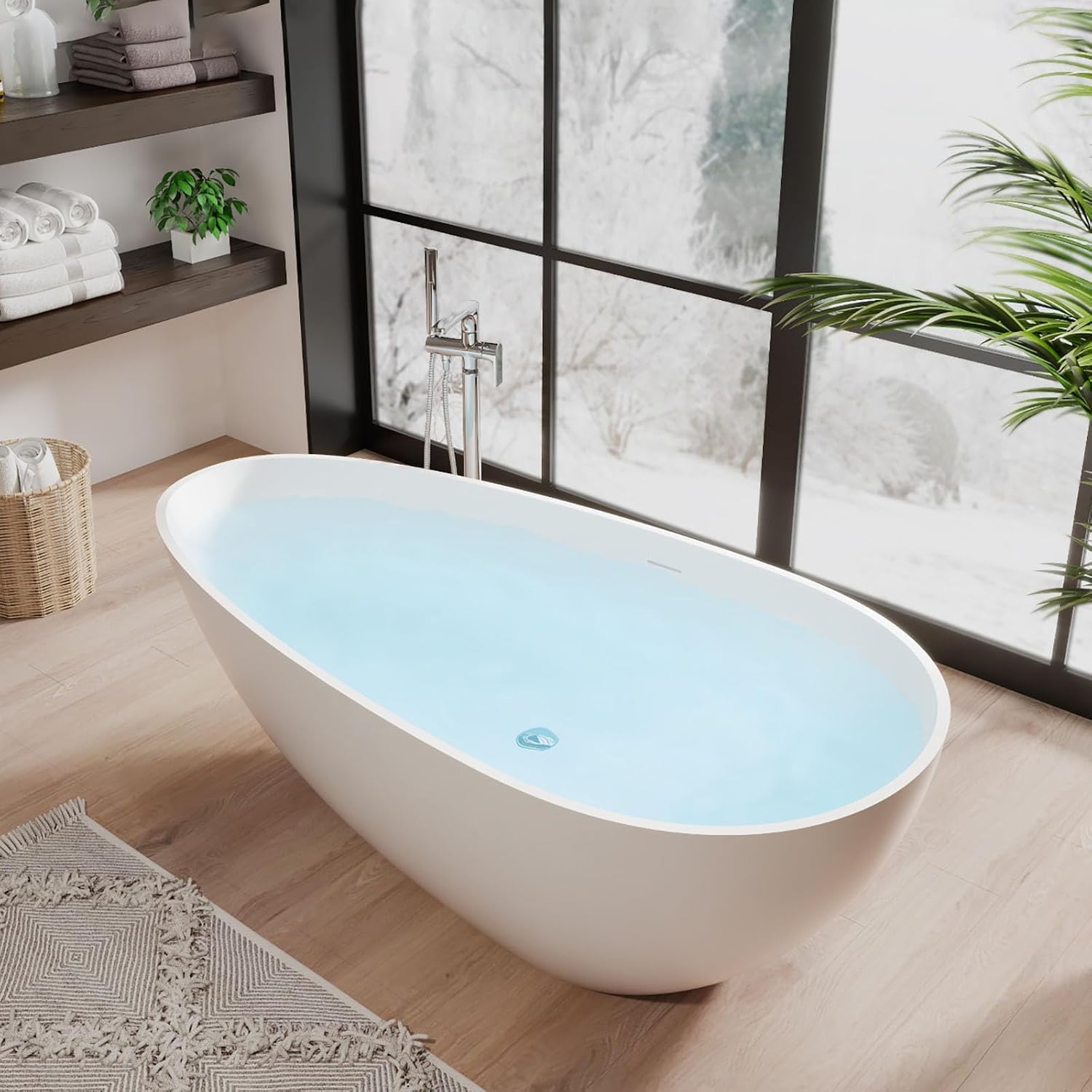 67 inch Freestanding Bathtub for Main Bathroom – Modern All-White Acrylic Free Standing Tub with Chrome Drain & Overflow, Deep Soaking Tub for Full-Body Comfort
