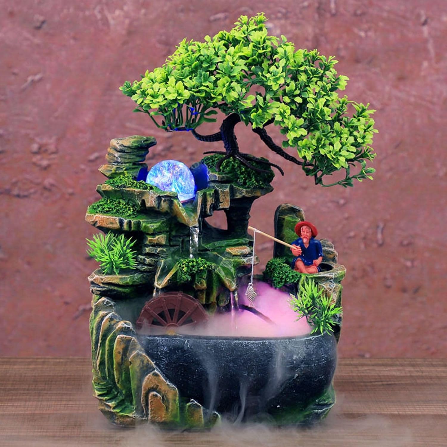 HIHELO Indoor Tabletop Waterfall Fountain Tabletop Fountain, LED Lights Fake Tree Flowing Fountain Rockery Office Tabletop Desktop Bonsai for Office Home Relaxation Meditation Fountain