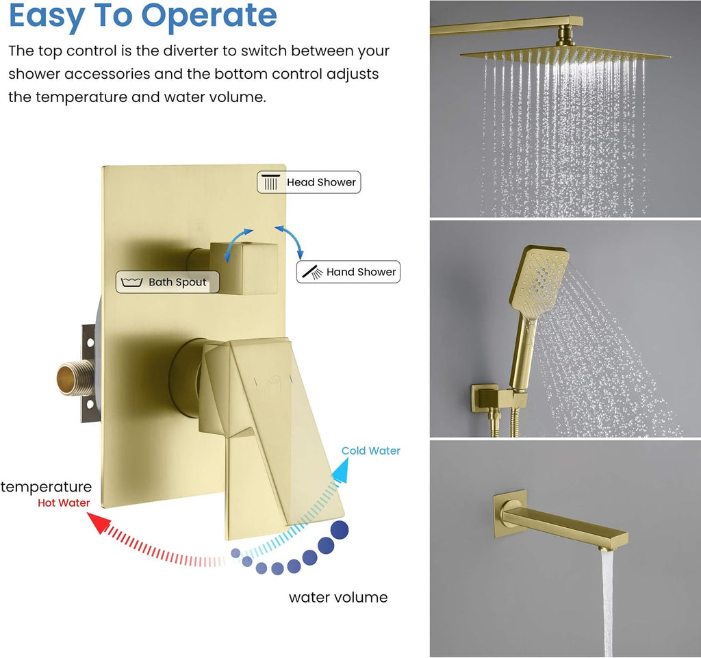 KIBI Cube 3-Function Brushed Gold Wall Mounted Bathroom Shower System | Solid Brass Pressure Balanced Valve Bath Faucet Set | 15-inch Shower Arm | Handheld Waterfall Shower Mode (KSF406BG)