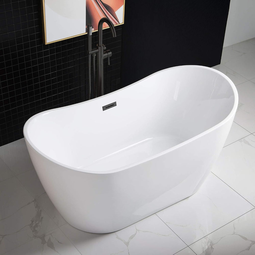 WOODBRIDGE 59' Acrylic Freestanding Bathtub Contemporary Soaking White Tub with Matte Black Overflow and Drain，B0016 -MB-Drain &O
