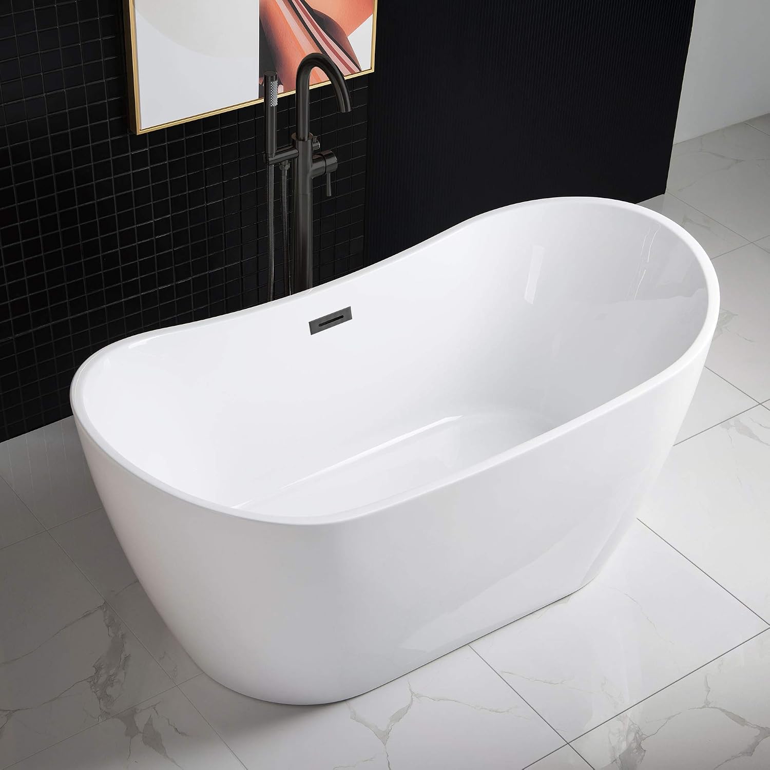 WOODBRIDGE 59' Acrylic Freestanding Bathtub Contemporary Soaking White Tub with Matte Black Overflow and Drain，B0016 -MB-Drain &O
