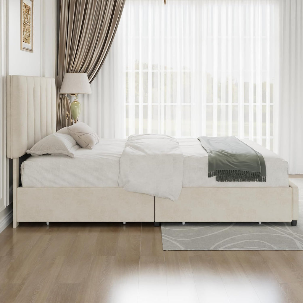 VECELO Full Size Bed Frame with 4 Storage Drawers, Adjustable Height Headboard, Heavy-Duty Platform Bedframe with Strong Wooden Slats, No Box Spring Needed, Pale Beige