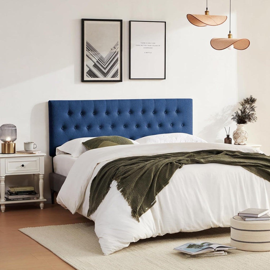 Huatean Home Tufted Upholstered Headboard Queen Size, Solid Wood Head Board with Metal Legs, Adjustable Height Bed headboard from 37' to 51' Fabric Headboard in Modern Button Design, Blue