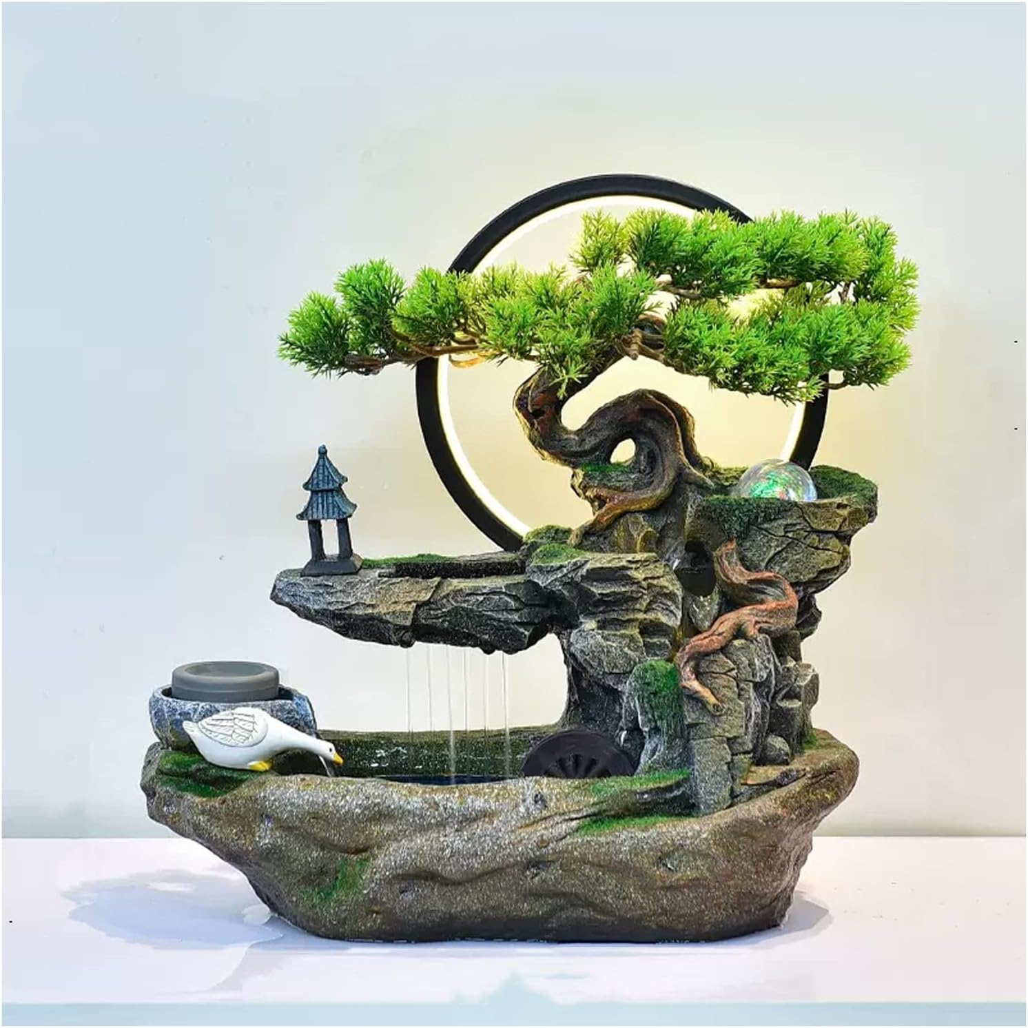 Tabletop Fountains Tabletop Water Fountain Indoor Waterfalls Fountains Decorative Tabletop Fountain with Led Light Artificial Bonsai Tree Design Best Home Gifts for Paren,Small