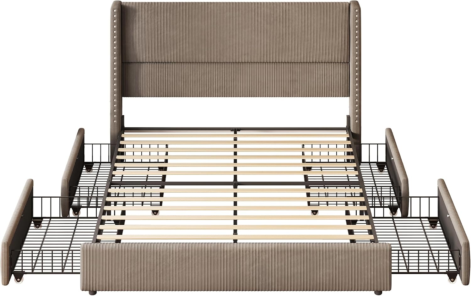 LARMACE Queen Size Bed Frame with 4 Storage Drawers Queen Bed Frame with Headboard Upholstered Corduroy Platform Bed with Vertical Stripe,Solid Wood Leg/No Box Spring Needed/Noise Free,Brown