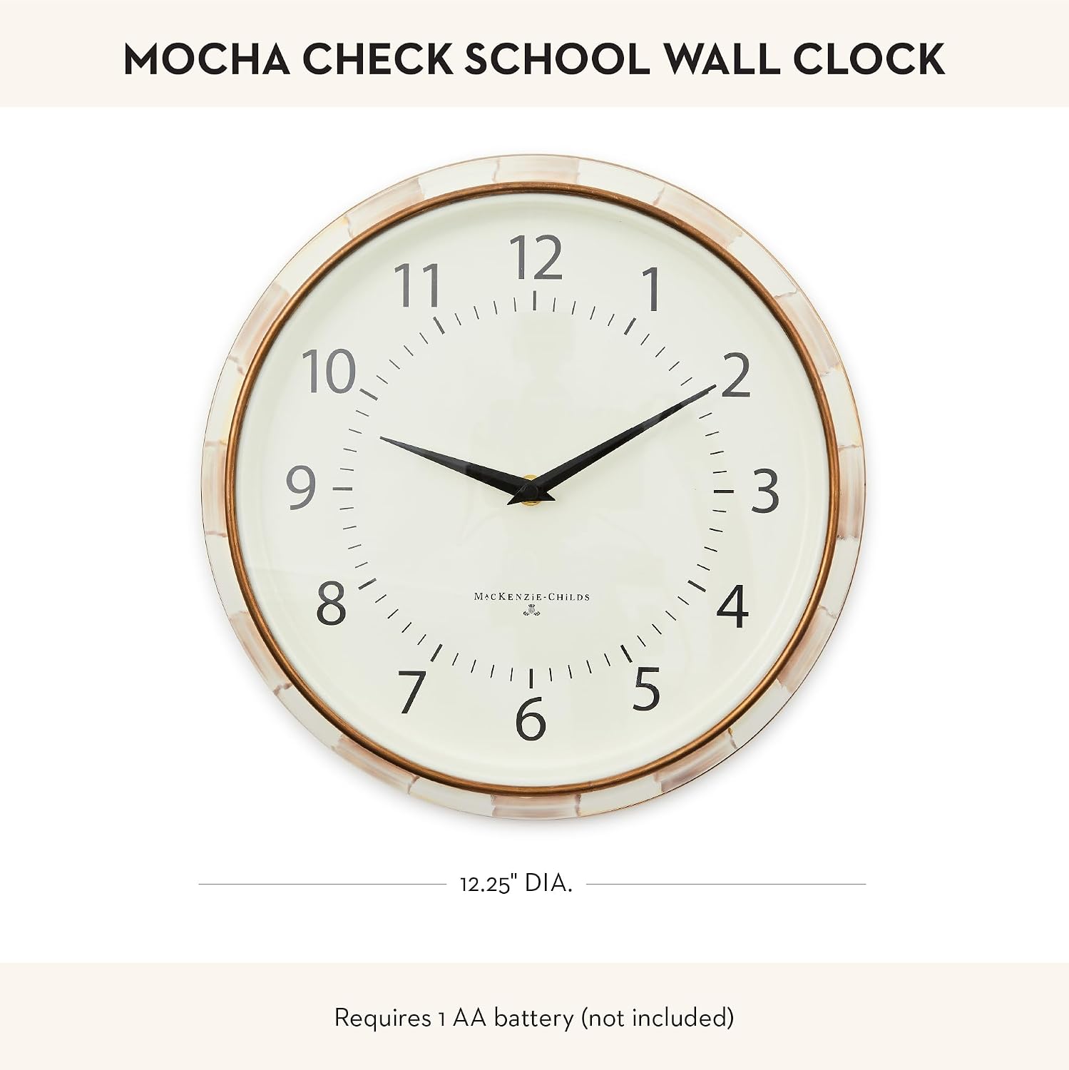 MACKENZIE-CHILDS Wall Clock, Decorative Enamel Clock for Kitchen and Living Room, Brown-and-White Mocha Check