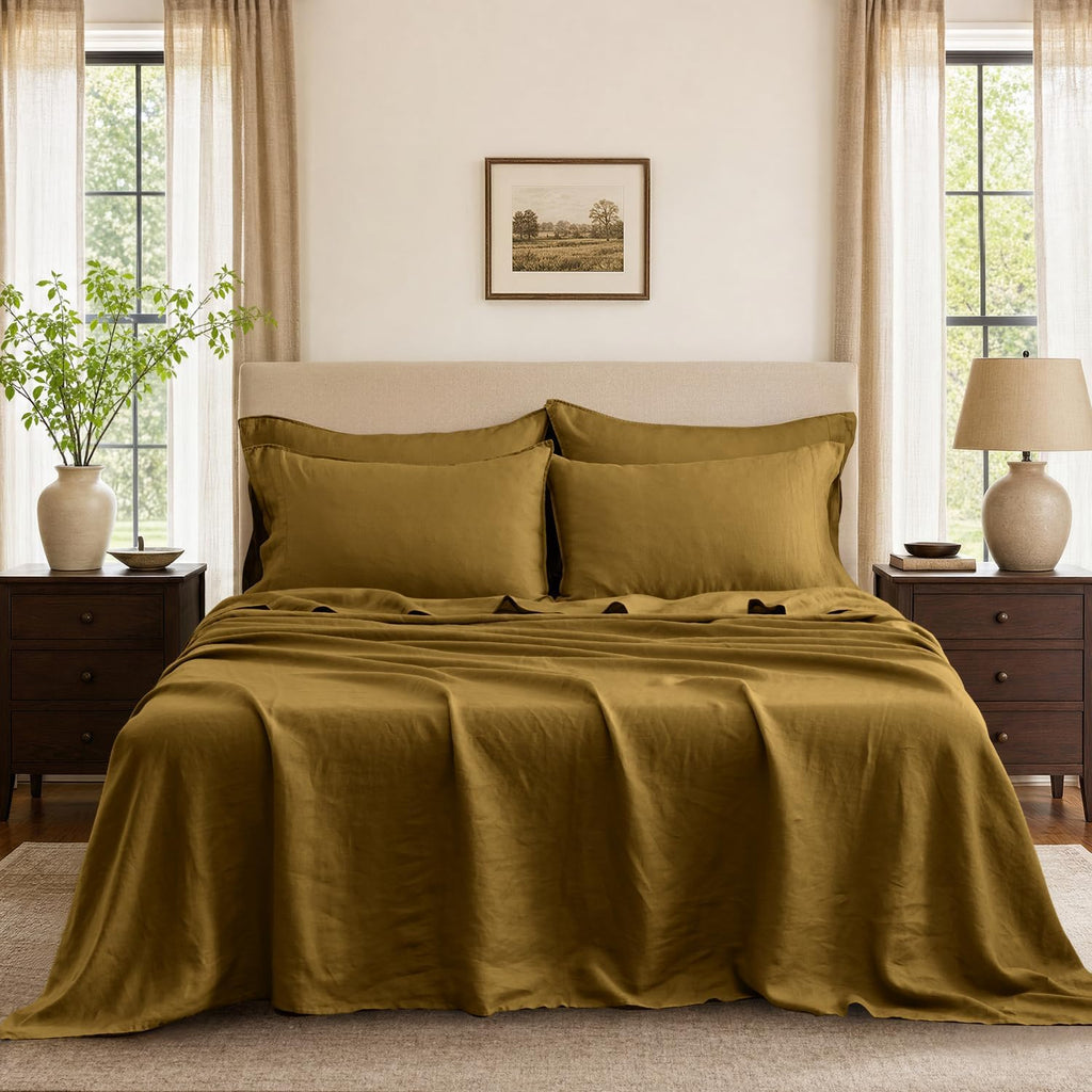 S VICTORY SYMBOL 100% French Linen Sheets Set-Queen Size,Stone Washed Natural Flax 4Pcs(2 Pillowcases,1 Fitted Sheet,1 Flat Sheet) Ultra Soft Breathable Bedding Set,Ecru Olive