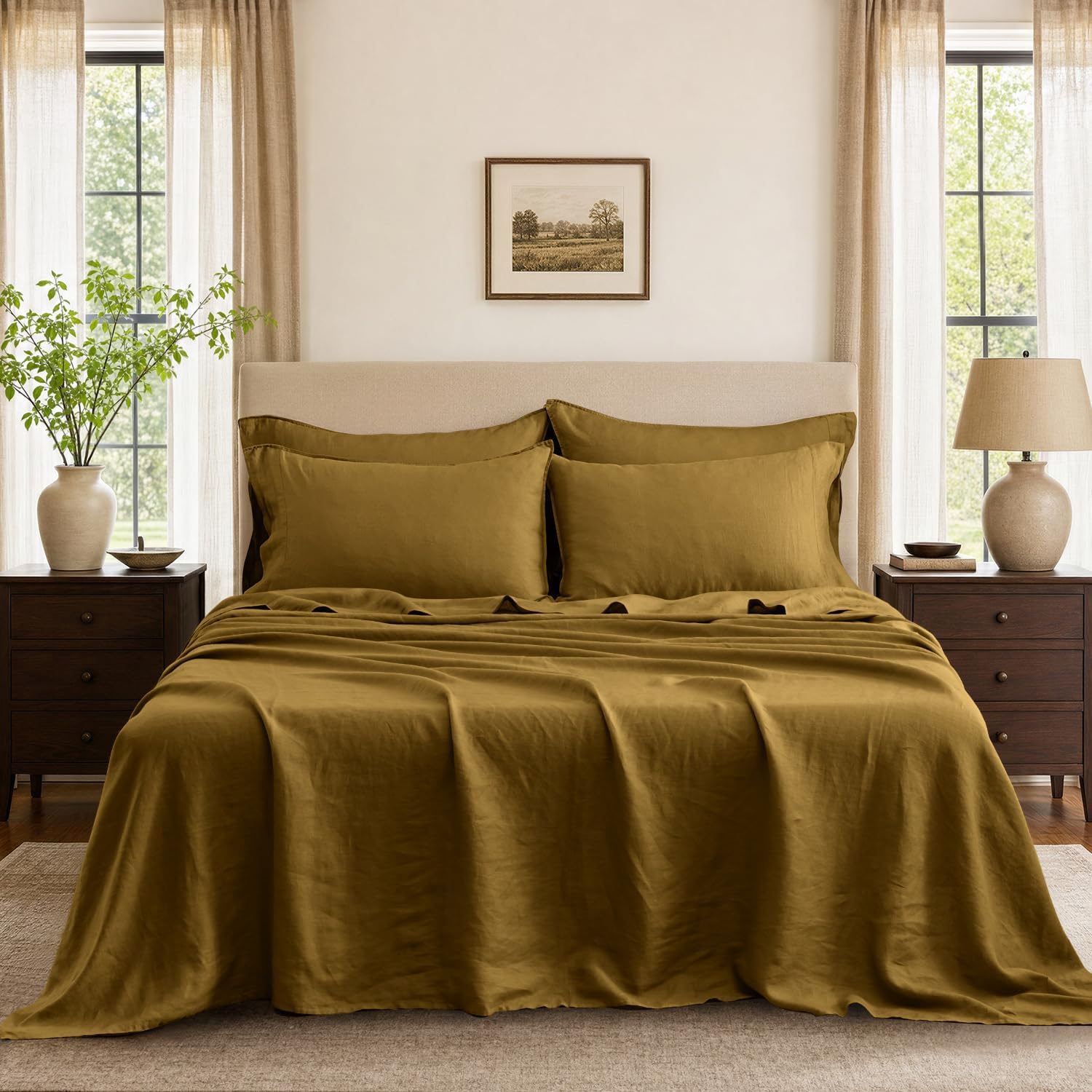 S VICTORY SYMBOL 100% French Linen Sheets Set-Queen Size,Stone Washed Natural Flax 4Pcs(2 Pillowcases,1 Fitted Sheet,1 Flat Sheet) Ultra Soft Breathable Bedding Set,Ecru Olive