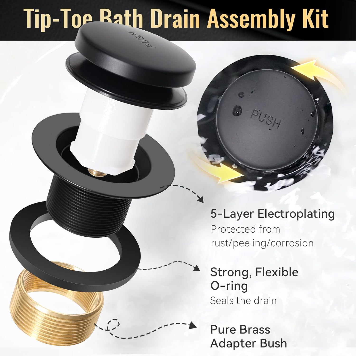 Slotted Overflow Bath Drain with Toe-Tap Stopper, Compatible with Kohler Elevance/Archer/Underscore/Rêve/Parity Baths and whirlpools, Easy Installation, Slotted Overflow Bath Drain (Matte Black)