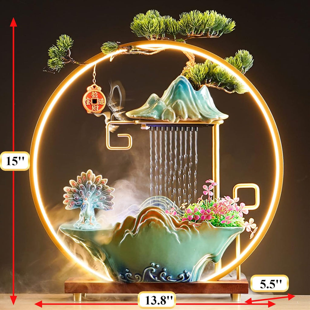 Peacock Tabletop Water Fountains Indoor Waterfall with LED Light Desktop Fountain for Meditation with Mist Japanese Fountain with Fake Plants Feng Shui Office Home Decor for Good Luck Wealth