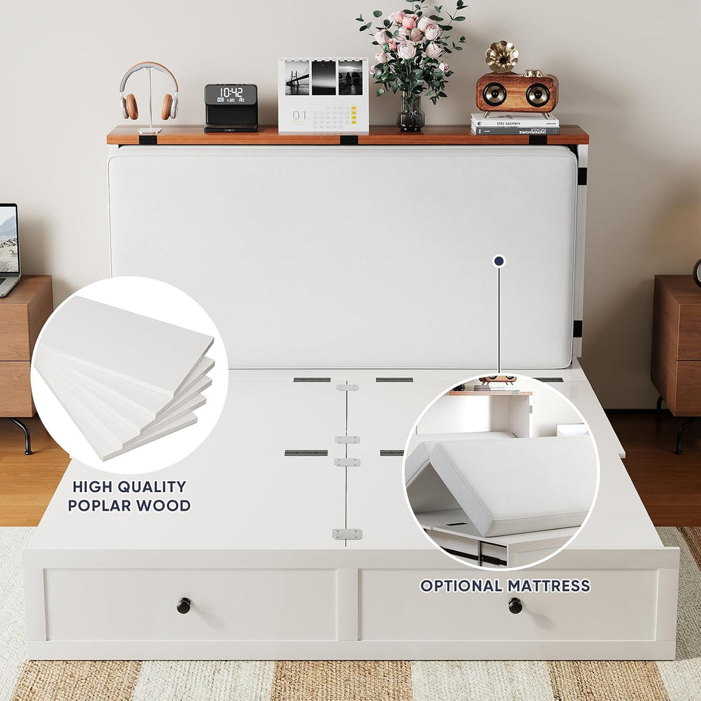 ijuicy Queen Murphy Bed with Storage & Multifunctional Charging Station, Farmhouse Murphy Cabinet Bed with Foldable Panel, Space-Saving Beds for Guest Bedroom, Living Room-White & Brown, No Mattress