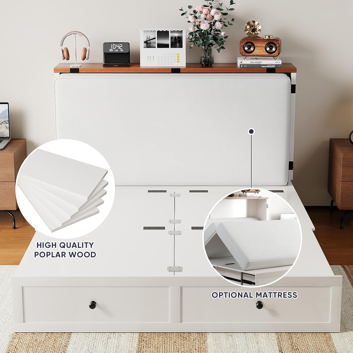 ijuicy Queen Murphy Bed with Storage & Multifunctional Charging Station, Farmhouse Murphy Cabinet Bed with Foldable Panel, Space-Saving Beds for Guest Bedroom, Living Room-White & Brown, No Mattress