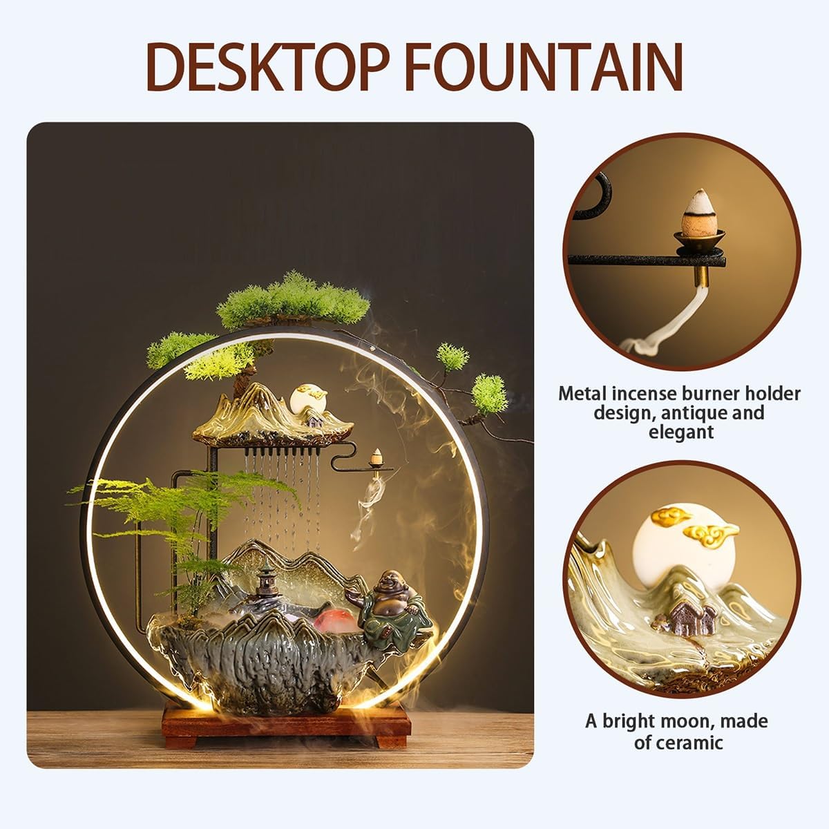 Cwaterfall for Desk, Desktop Fountain, Table Fountain with LED Lights, Quiet Pump, Decorative Home Office Water Feature, for Home Office Bedroom Relaxation(11.8x5.1x16.1in)