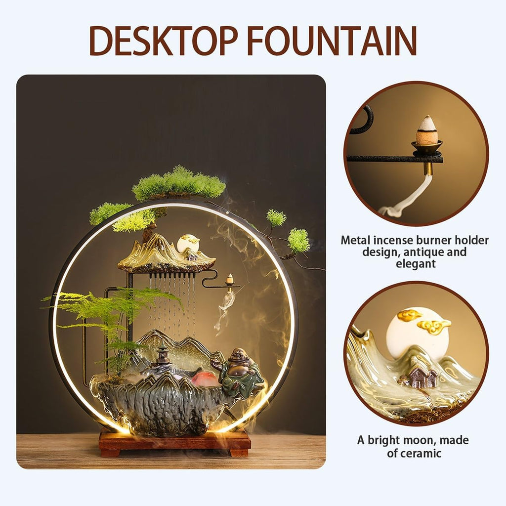 Cwaterfall for Desk, Desktop Fountain, Table Fountain with LED Lights, Quiet Pump, Decorative Home Office Water Feature, for Home Office Bedroom Relaxation(9.8x5.1x15in)