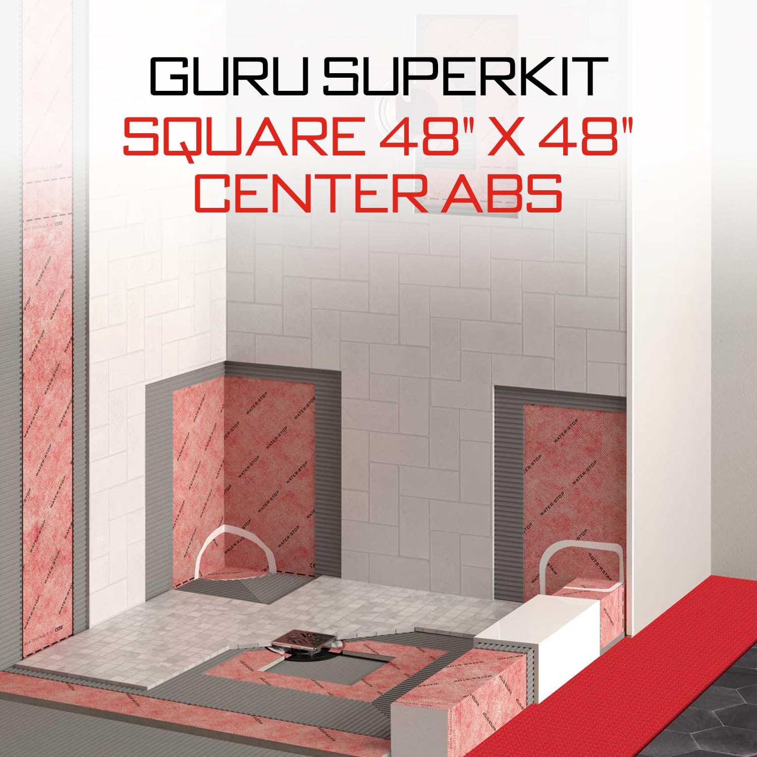 GURU USA SuperKit Square Complete Shower Kit with Heavy Duty Tray, Evo Lite Stainless Steel Drain, & Waterproof Membrane Roll, Bathroom Accessories, 48' x 48', Center Drain, ABS Connector