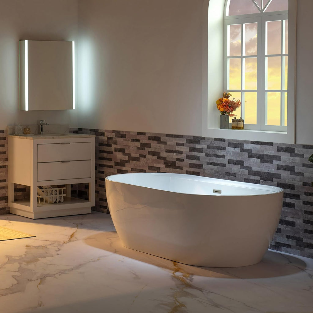 WOODBRIDGE 72' Acrylic Freestanding Bathtub Contemporary Soaking White Tub with Brushed Nickel Overflow and Drain,B0059BN
