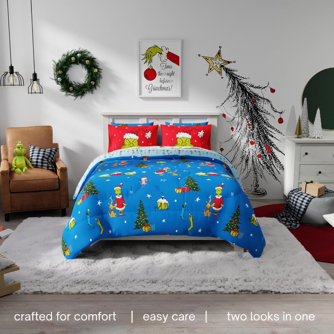 Grinch By Dr. Seuss Holiday & Christmas Bedding Super Soft Comforter and Sheet Set with Sham, 7 Piece Queen Size (Official Dr. Seuss Product) By Franco