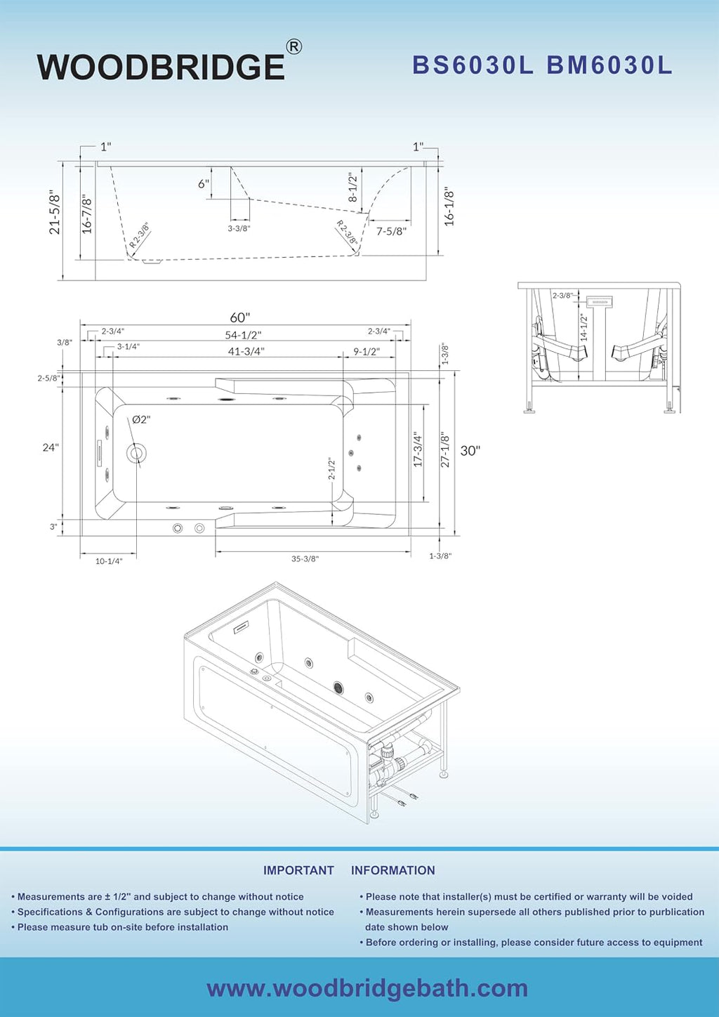 WOODBRIDGE 60' Alcove Acrylic Rectangular Whirlpool Heated Jetted Tub in White with Left Drain, Matte Black pop-up Drain Included BM6030L