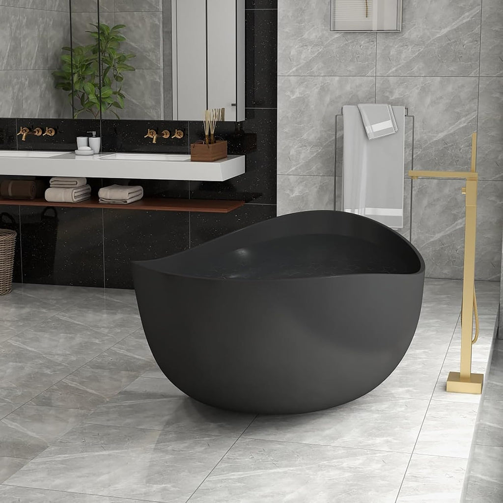 Freestanding 71 Inch Oval Bathtub Stone Resin Soaking Bathtub with Center Drain (Black)