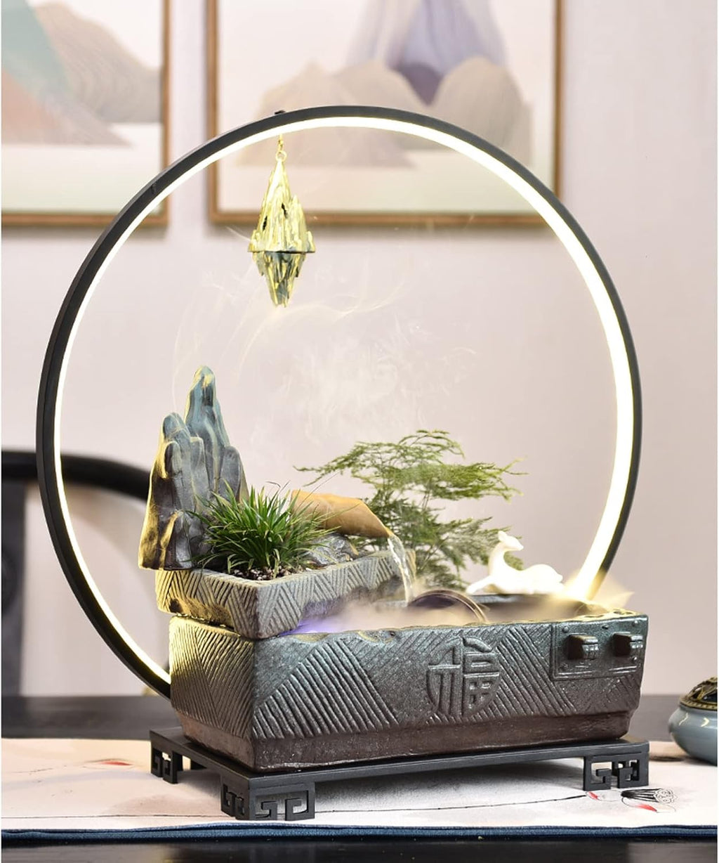 Indoor Waterfall Fountains Indoor Fountain Ceramics Tabletop Fountain with LED Lights Zen Waterfall Fountains Relaxation Water Feature Meditation Desktop Fountain for Home Office Decor Tabletop Water