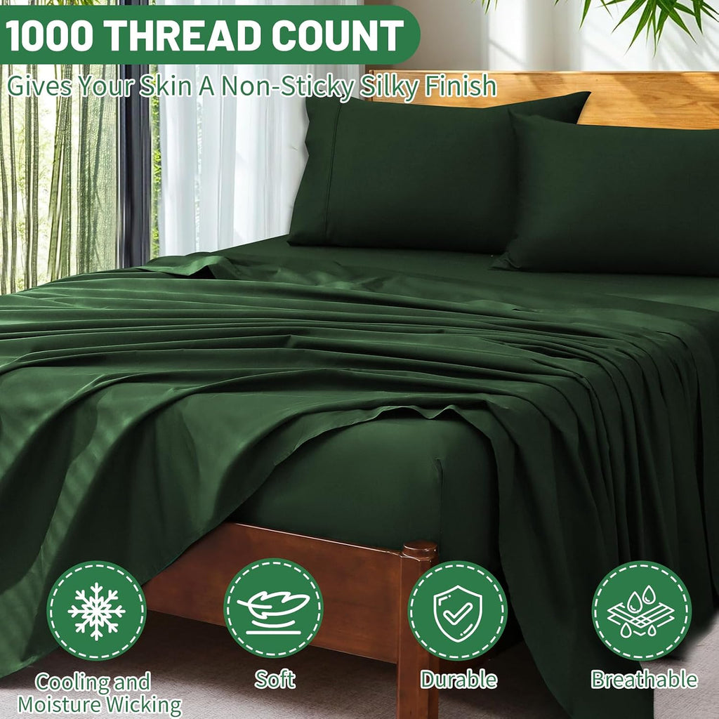 Extra Deep Pocket California King Sheets 18-24 Inch 100% Egyptian Cotton 1000 Thread Count Sateen Weave Soft Breathable 4 Pieces（California King,Forest Green）