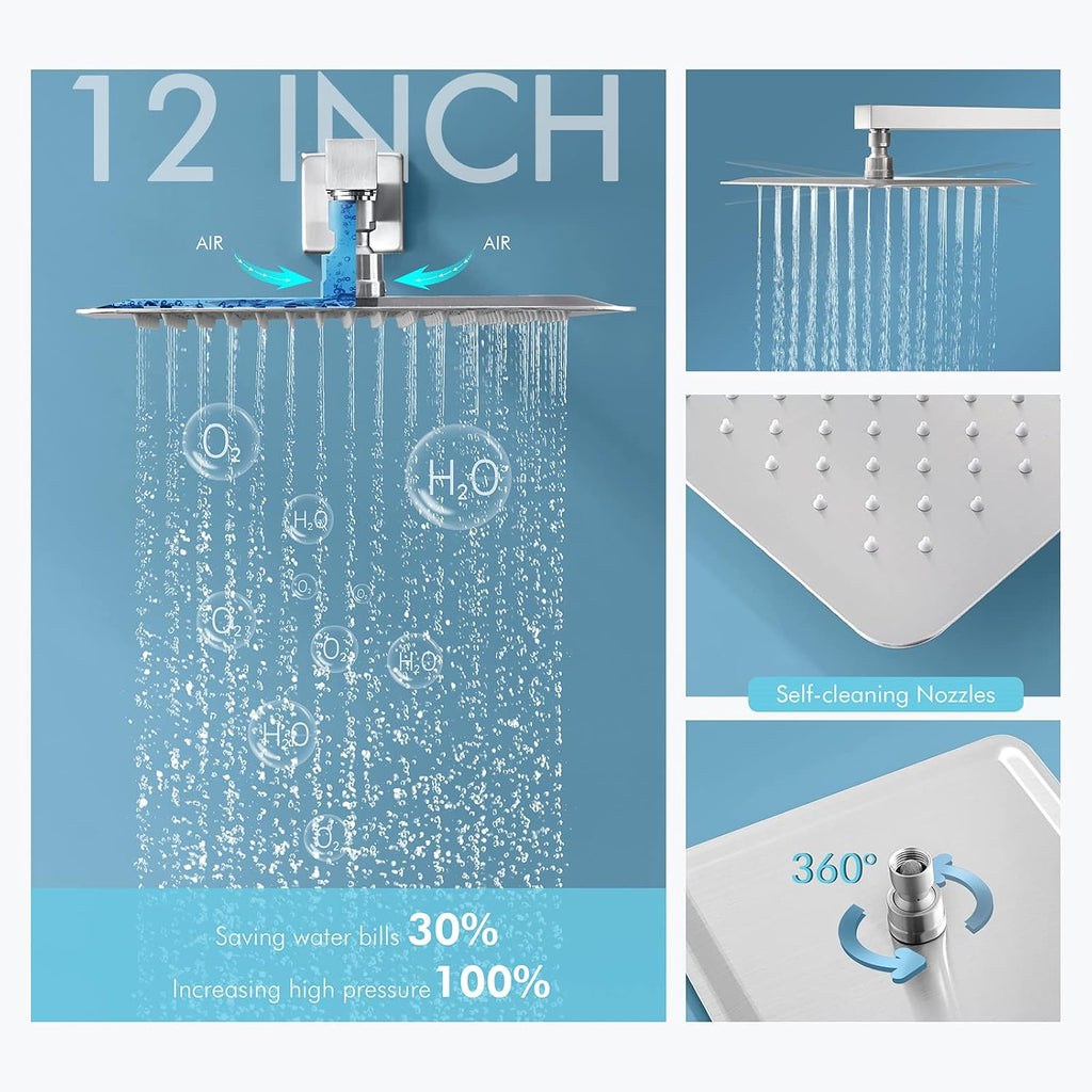 Shower System with Body Jets, Bostingner Shower Faucet Set 12' Rain Shower Head with Handheld Spray, Can Use at Same Time, 3 Way Push Button Diverter Shower Set Complete, Brushed Nickel