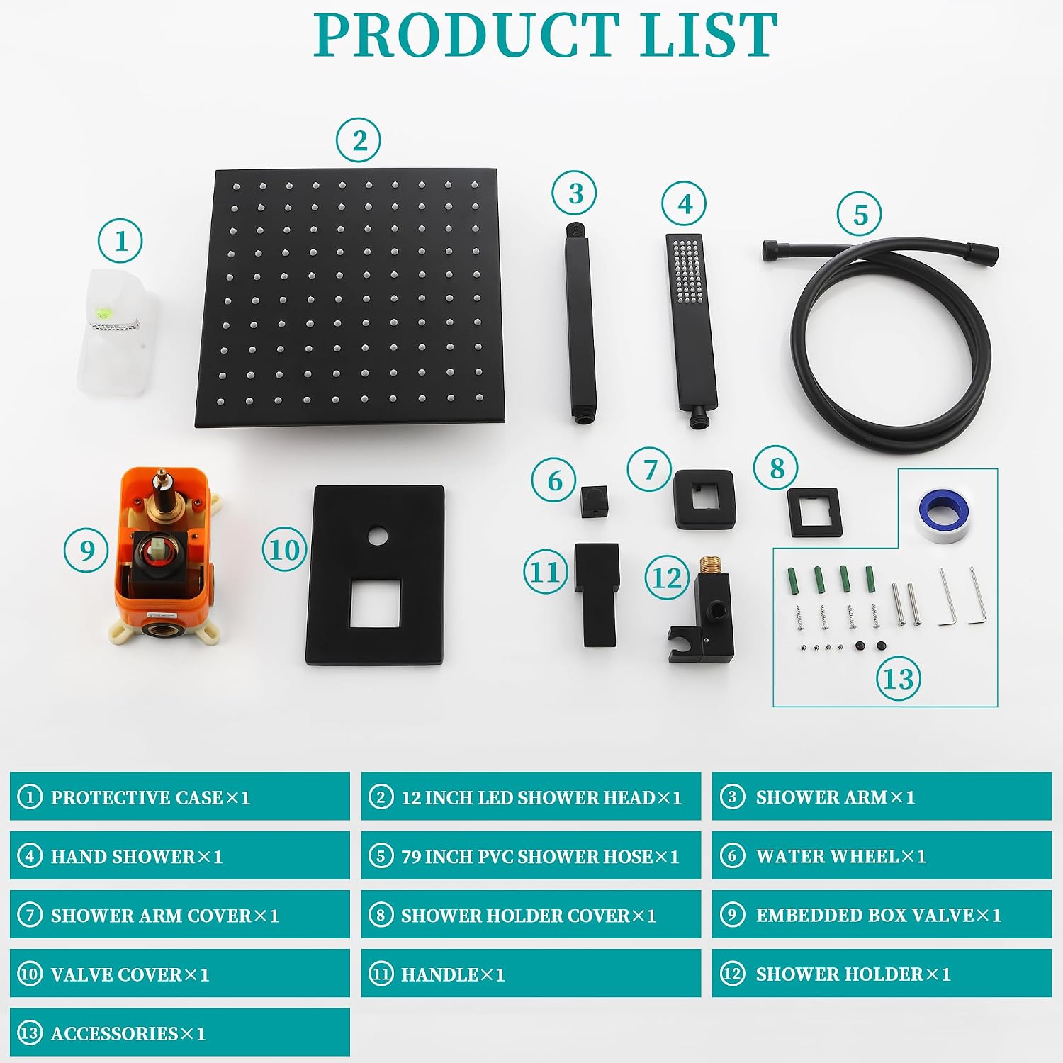 SKOWLL Shower Faucets Sets Complete Ceiling Mount 12 Inch LED Shower Head System with Handheld, Bathroom Rainfall Shower Fixtures Valve Kit, 3 Color Changing Showerhead, Matte Black