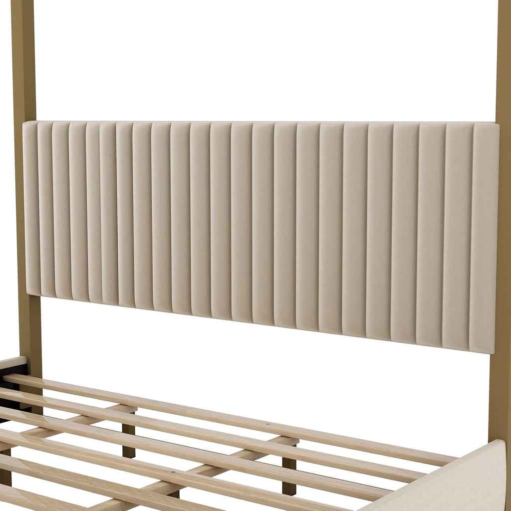 LUMISOL King Size Metal Canopy Bed Frame, 4 Poster Bed with Tall Upholstered Headboard, Velvet Upholstered Canopy Platform Bed, No Box Spring Needed, Beige + Gold