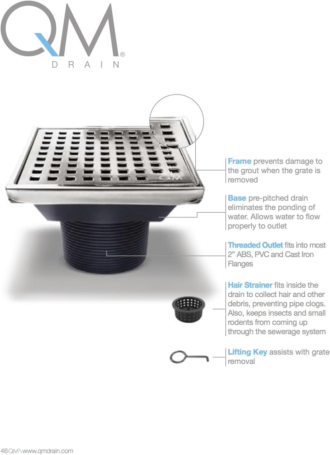 QM Square Shower Drain, Grate made of Stainless Steel Marine 316 and Base made of ABS, Lagos Series Mira Line, 5 inch 3/4, ORB/Black Finish, Kit includes Hair Trap/Strainer and Key