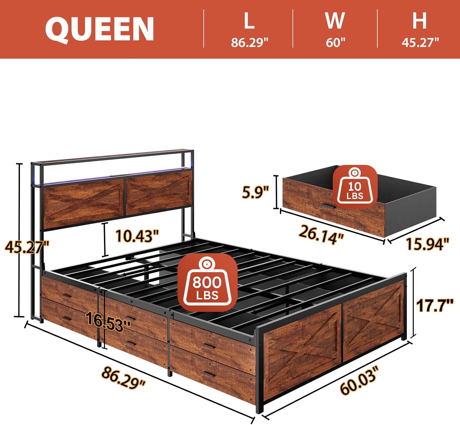 Kiivakii Queen Size Bed Frame with 12 Storage Drawers, LED Headboard with Charging Station, Metal Platform Bed Frame, No Box Spring Needed, Noise-Free, Stable and Solid, Brown