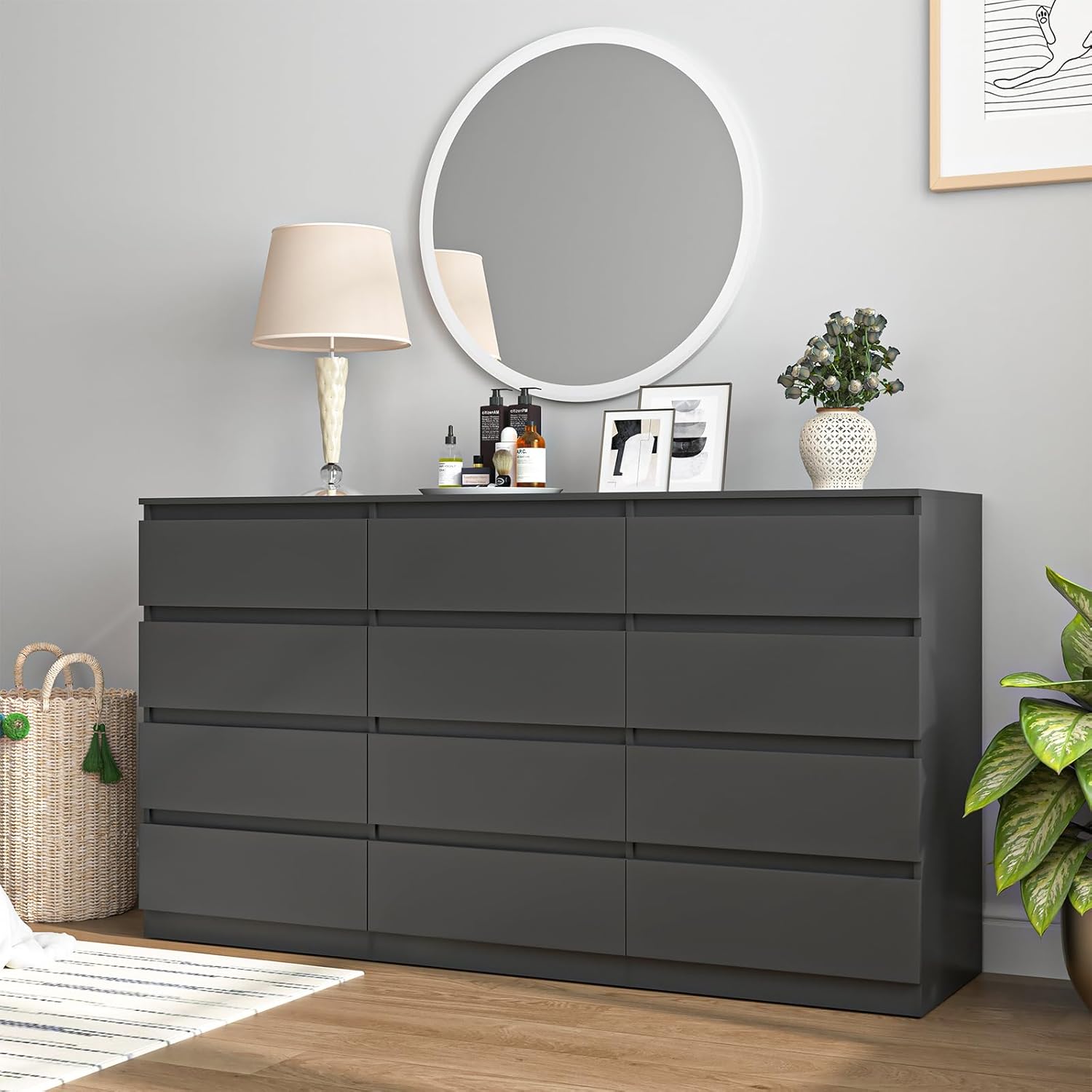 Vibe & Dine Black Dresser 12 Drawer, Modern Long Dresser for Bedroom, Wood Chest of Drawers with Wide Storage for Living Room