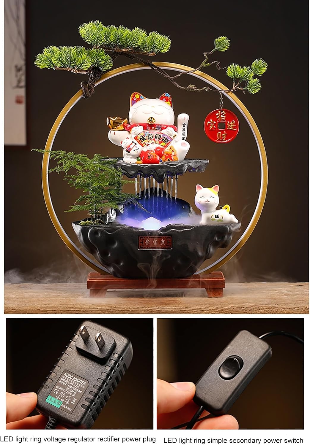 Indoor Tabletop Waterfall Fountain with Lucky Cat, Desk Small Fountain, LED Light Ring, Indoor Waterfall Feature, and Backflow Incense Burner