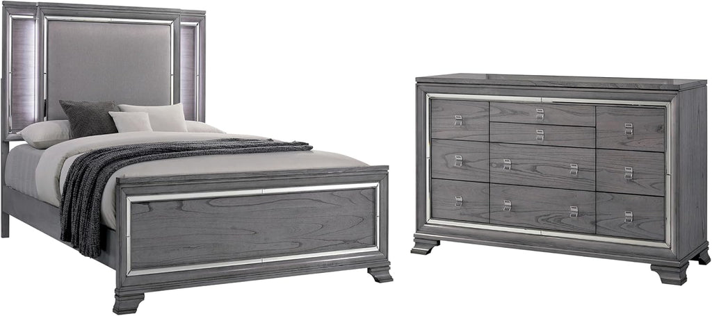 Furniture of America Zenka Wood Frame 2-Piece Bedroom Set, Queen-Size Bed Padded Headboard, 10-Drawer Dresser, Felt-Lined Top Storage, Box Spring Required, Light Gray