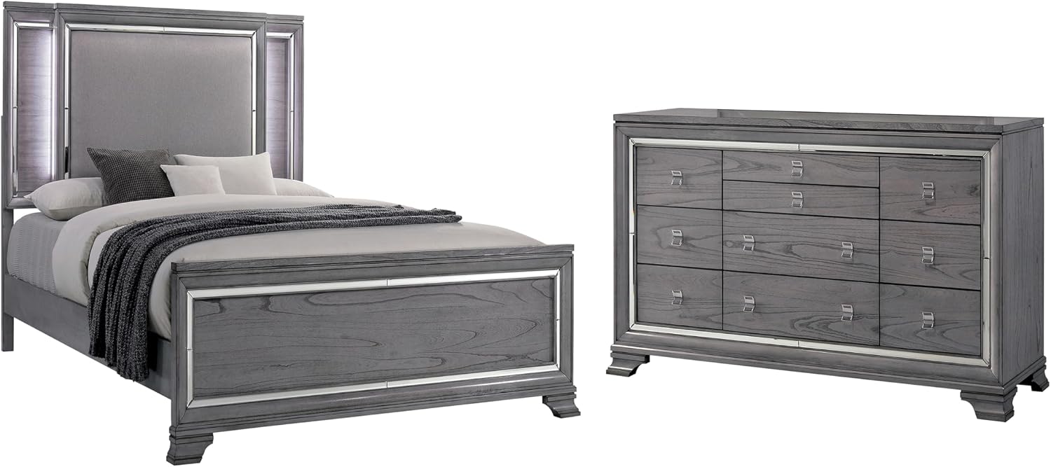 Furniture of America Zenka Wood Frame 2-Piece Bedroom Set, Queen-Size Bed Padded Headboard, 10-Drawer Dresser, Felt-Lined Top Storage, Box Spring Required, Light Gray