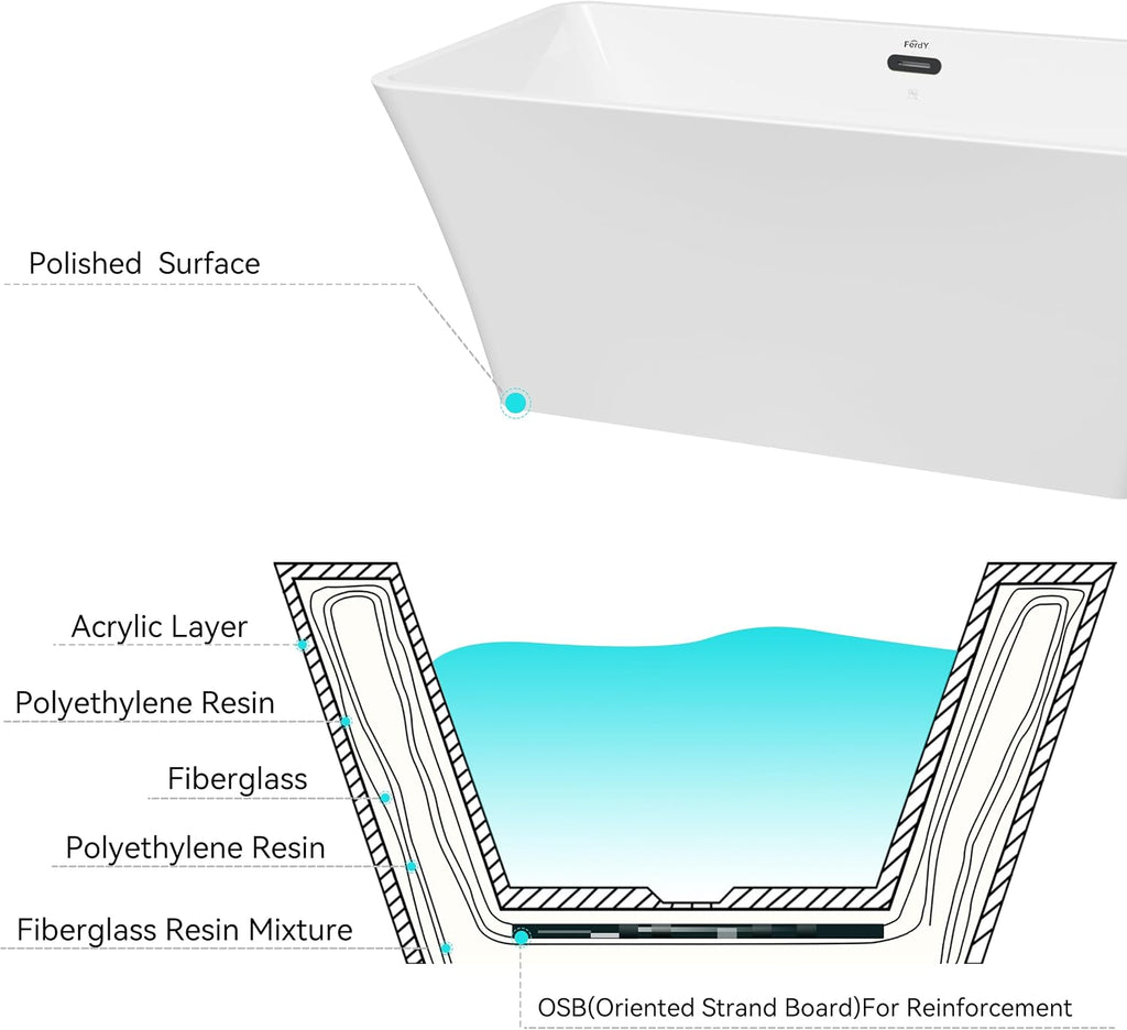 FerdY Sentosa 59' Acrylic Freestanding Bathtub, Contemporary Design Soaking Tub with Matte Black Drain and Minimalist Linear Design Overflow, Easy to Install