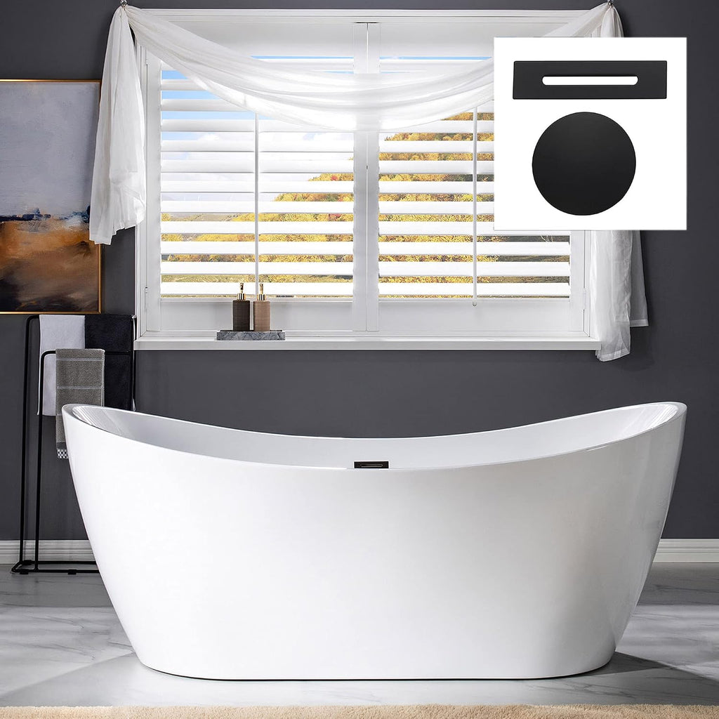 WOODBRIDGE 71' Acrylic Freestanding Bathtub Contemporary Soaking Tub , White Acrylic ( Matte Black Drain/Overflow),B0017 MB Drain &O