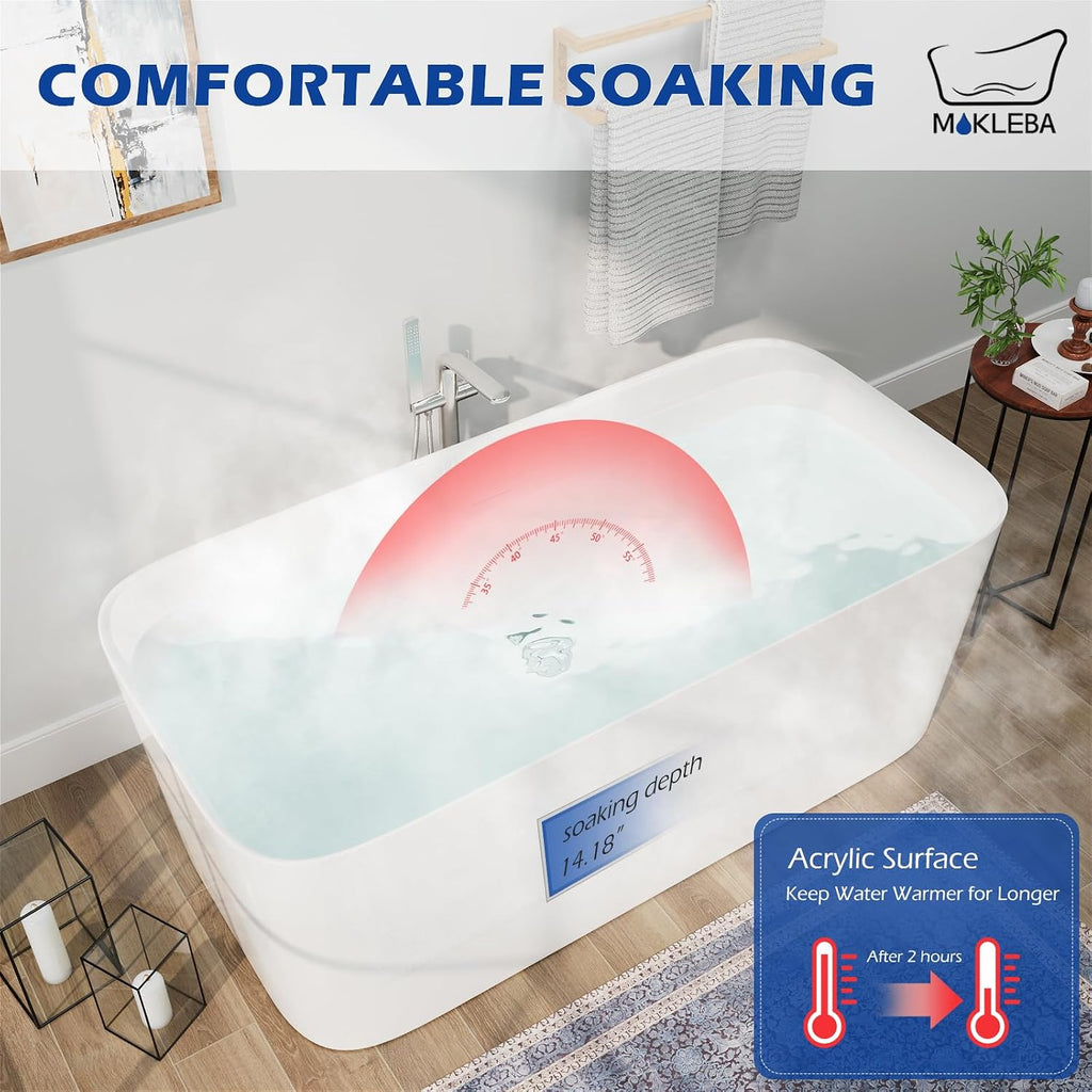 59' Lucite Acrylic Freestanding Bathtub, Rectangular Shape Contemporary Soaking Tub with Toe-tap Chrome Drain, Slotted Overflow, cUPC Certified, Glossy White