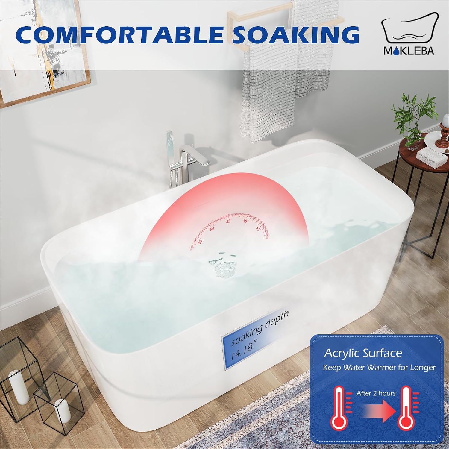59' Lucite Acrylic Freestanding Bathtub, Rectangular Shape Contemporary Soaking Tub with Toe-tap Chrome Drain, Slotted Overflow, cUPC Certified, Glossy White